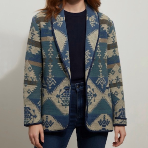 Vintage Jackets & Blazers - Vintage Boho Aztec Knit Blazer Coat Teal Green Blue Size Medium